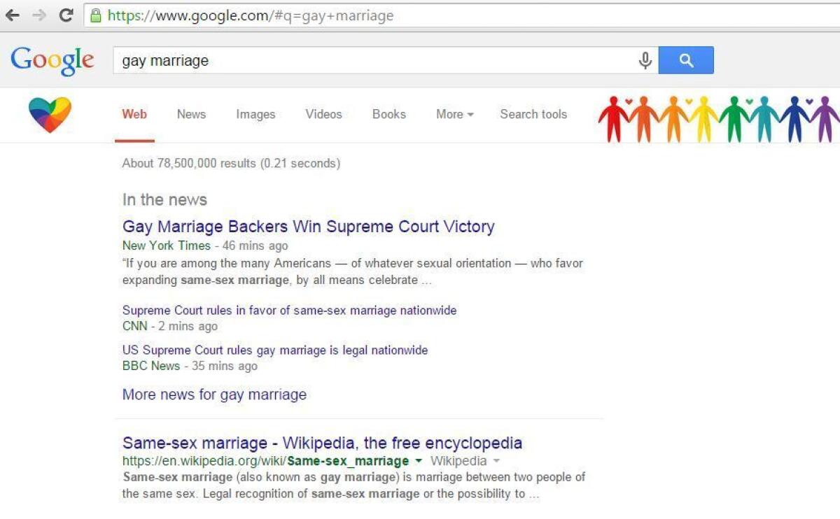 A screenshot shows Google results a search of 'gay marriage' on Friday, June 26, 2015, the day the Supreme Court issued a ruling legalizing gay marriage in all 50 states.