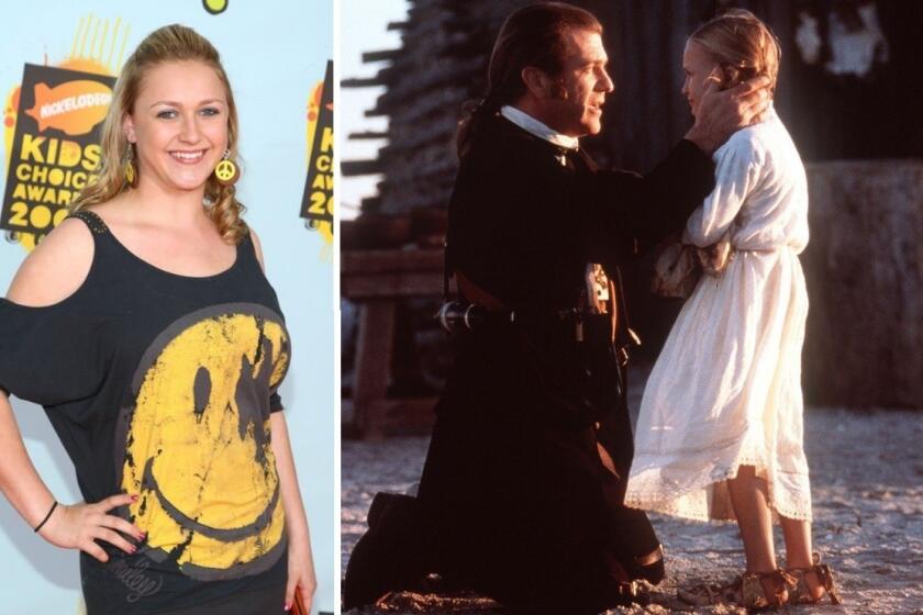 Skye McCole Bartusiak, left, at Nickelodeon's 2008 Kids' Choice Awards and, right, with Mel Gibson in the 2000 movie "The Patriot."