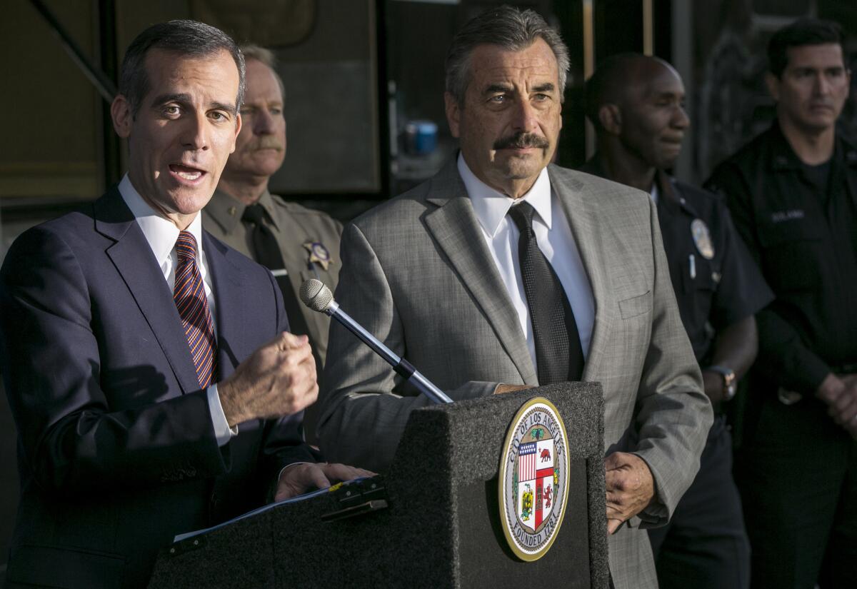 Los Angeles Mayor Eric Garcetti and Police Chief Charlie Beck in December.