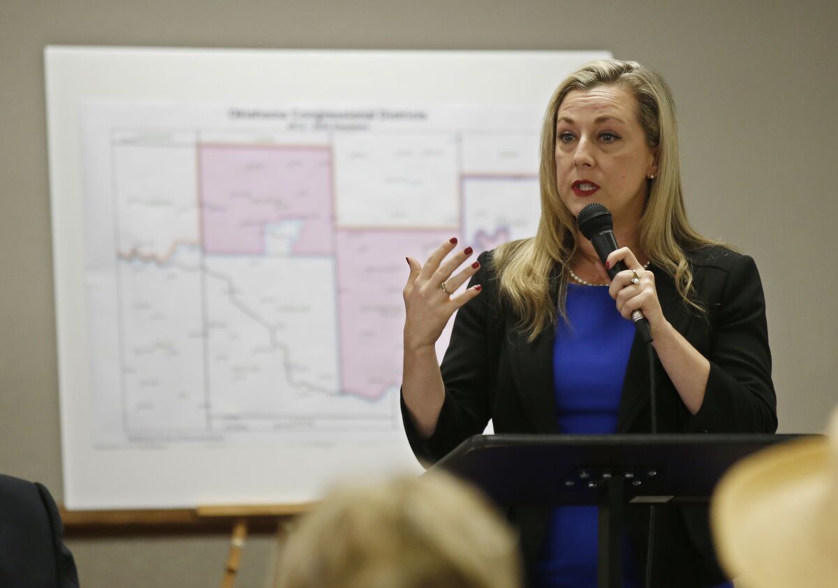 FILE - In this May 10, 2018 file photo, Kendra Horn speaks during a forum for Oklahoma 5th congressional district seat Democratic candidates in Edmond, Okla., on May 10, 2018. Horn is the latest candidate to announce plans to run for Oklahoma's soon-to-be vacant U.S. Senate seat. The 45-year-old attorney told The Associated Press on Tuesday, March 15, 2022, that she plans to seek the seat being vacated by Republican Sen. Jim Inhofe. (AP Photo/Sue Ogrocki, File)