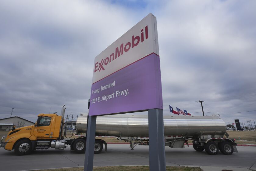 A tanker pulls into an ExxonMobil fuel storage and distribution facility in Irving, Texas, Wednesday, Jan. 25, 2023. ExxonMobil reports their earnings Tuesday, Jan. 31. (AP Photo/LM Otero)