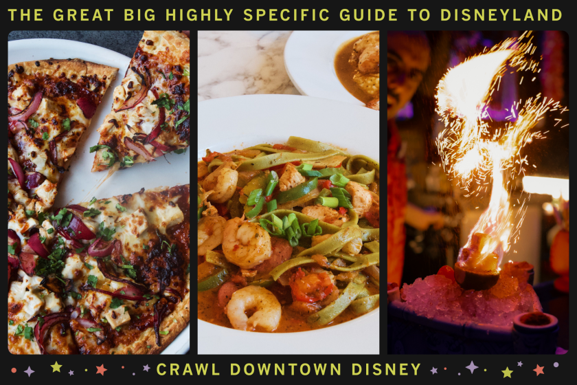 A framed triptych of 3 edible attractions around Downtown Disney: pizza, pasta, and a cocktail