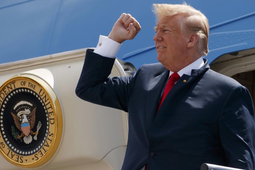 In this May 31, 2018 photo, President Donald Trump pumps his fist as he steps off Air Force One after arriving at Ellington Field Joint Reserve Base, in Houston. Trump is right that he has an âabsoluteâ right to pardon, but there is a pretty big loophole in this hypothetical: He could still be impeached. (AP Photo/Evan Vucci)