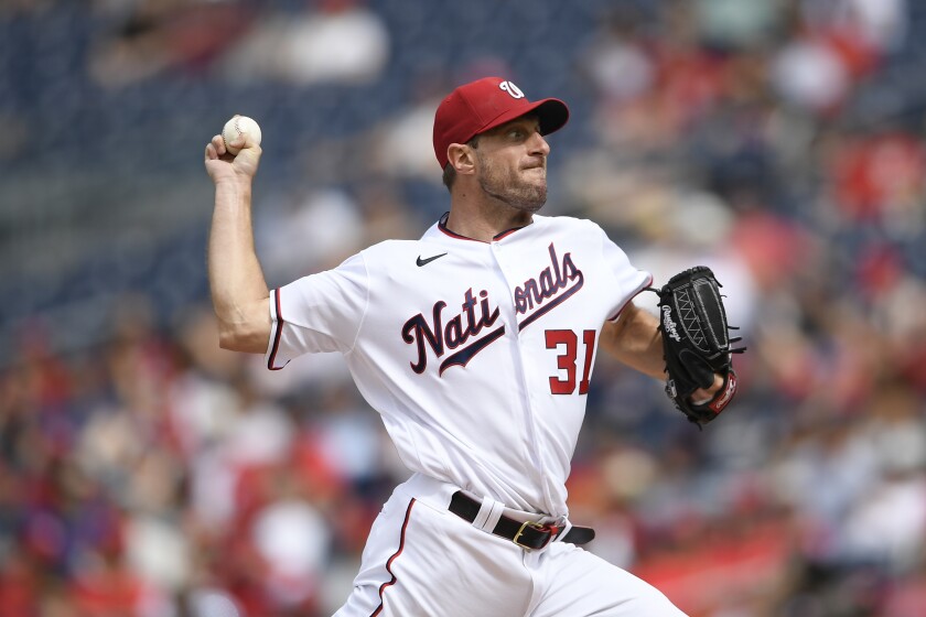 Max Scherzer delivers a pitch for the Washington Nationals against the San Diego Padres on July 18, 2021, in Washington.