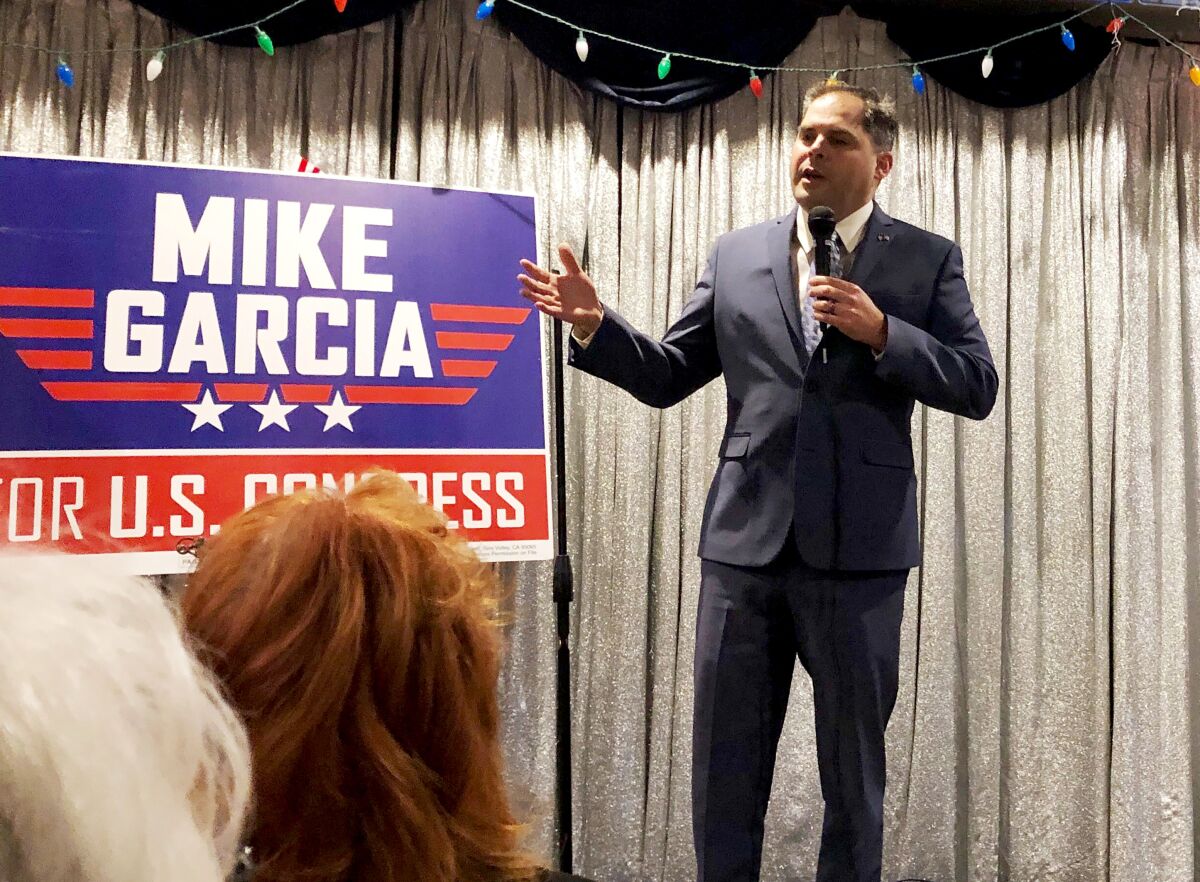 Mike Garcia addresses supporters in Simi Valley, Calif. 