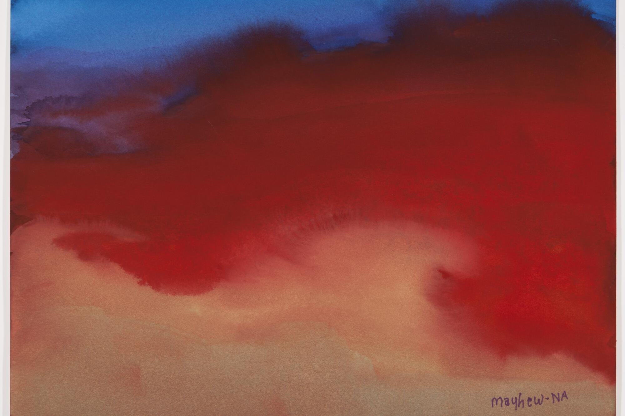 A watercolor painting with swirls of blue, red and pinkish-cream.