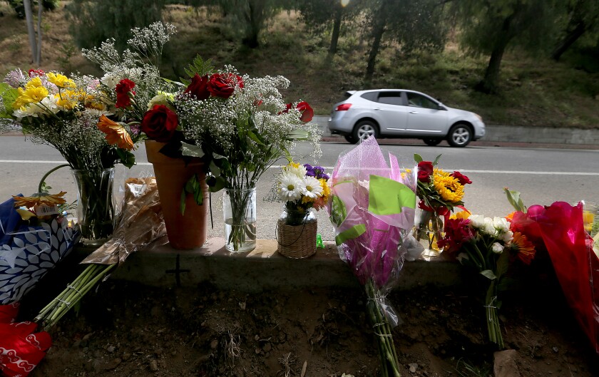 Flowers mark the location where a cyclist was killed after being struck by a vehicle in Griffith Park 