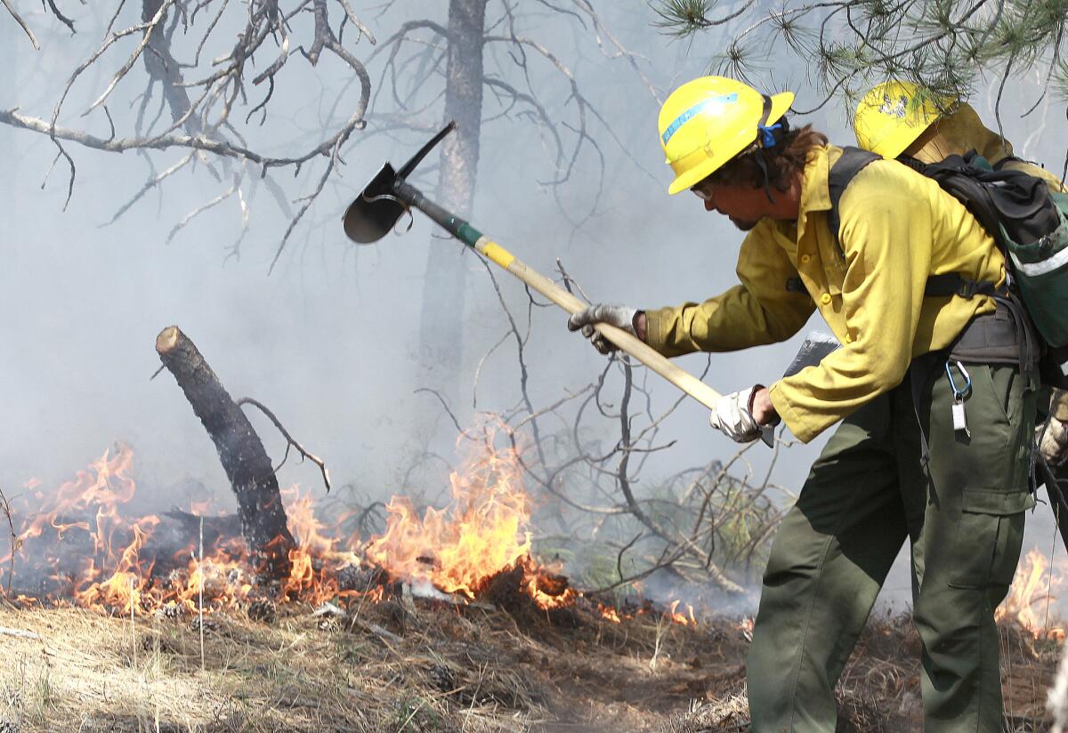 En esta imagen de archivo, tomada el 13 de junio de 2013, un bombero voluntario ayuda a contener un fuego en Black Forest, al norte de Colorado Springs, Colorado.