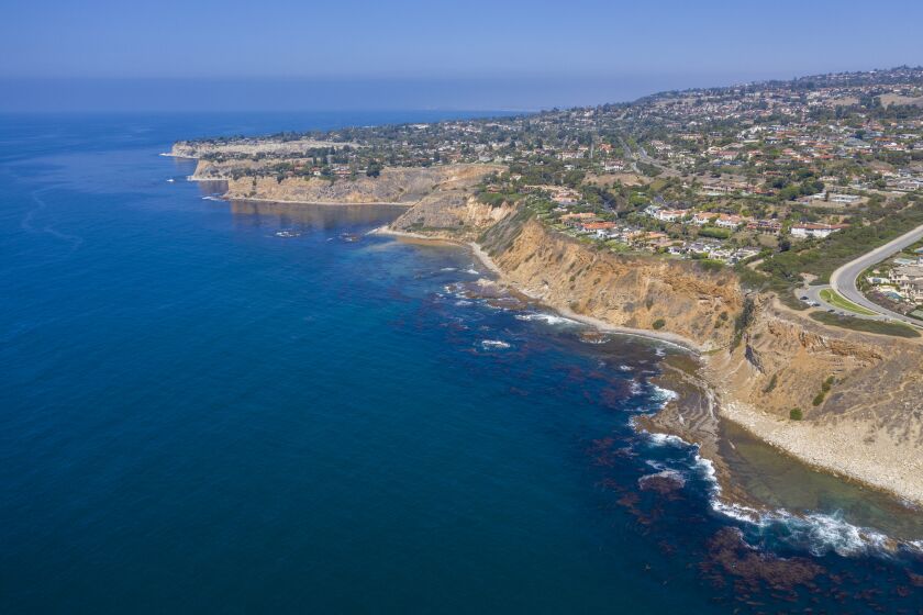 RANCHO PALOS VERDES, CA - SEPTEMBER 22: An aerial view of the Palos Verdes Shelf Superfund site, an area of contaminated sediment off the Palos Verdes Peninsula and Palos Verdes Point. Montrose Chemical Corp. dumped DDT, originally developed as an insecticide, between 1947 and 1971, and covers about 17 square miles of the ocean floor near Rancho Palos Verdes Tuesday, Sept. 22, 2020. Montrose discharged millions of pounds of DDT into Los Angeles County sewers, which empties two miles offshore in the Palos Verdes Shelf. Concentrations of DDT and PCBs in fish found in the Palos Verdes Shelf area continue to pose a threat to human health and the environment. (Allen J. Schaben / Los Angeles Times)