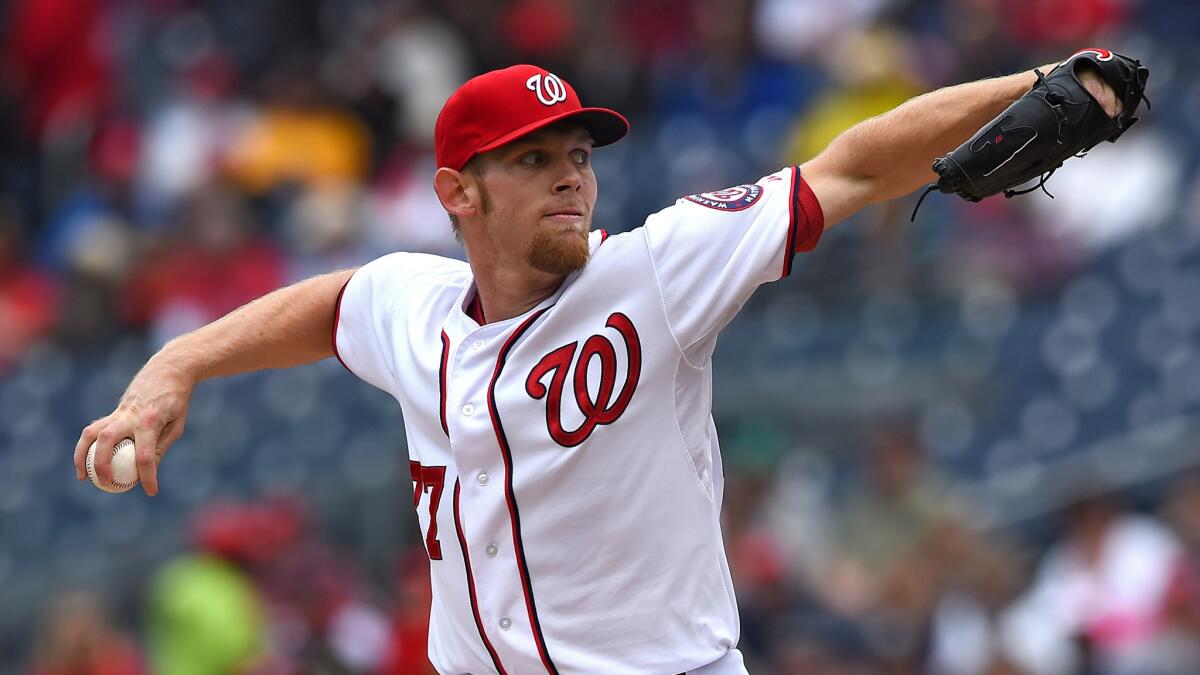 Washington Nationals starter Stephen Strasburg delivers a pitch during the first inning of the Dodgers' 3-2 loss Wednesday.