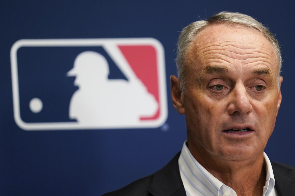 MLB Commissioner Rob Manfred speaks during a news conference in New York on June 16.