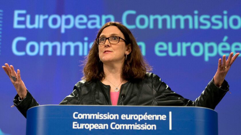 European Commissioner for Trade Cecilia Malmstroem said in Brussels on Wednesday rejected President Trump's reasoning that new U.S. tariffs are needed to protect national security.