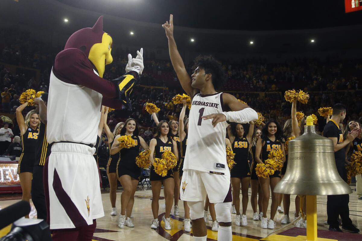 Arizona State's Remy Martin, who had 24 points, celebrates after the Sun Devils rallied past Arizona on Jan. 25, 2020.