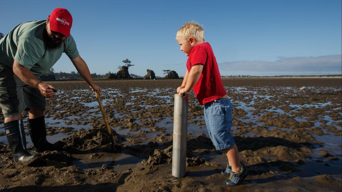 Isaiah Ellis and his son, Winslow Ellis, 4, go on a clamming adventure at Siletz Bay in Lincoln City, Ore.