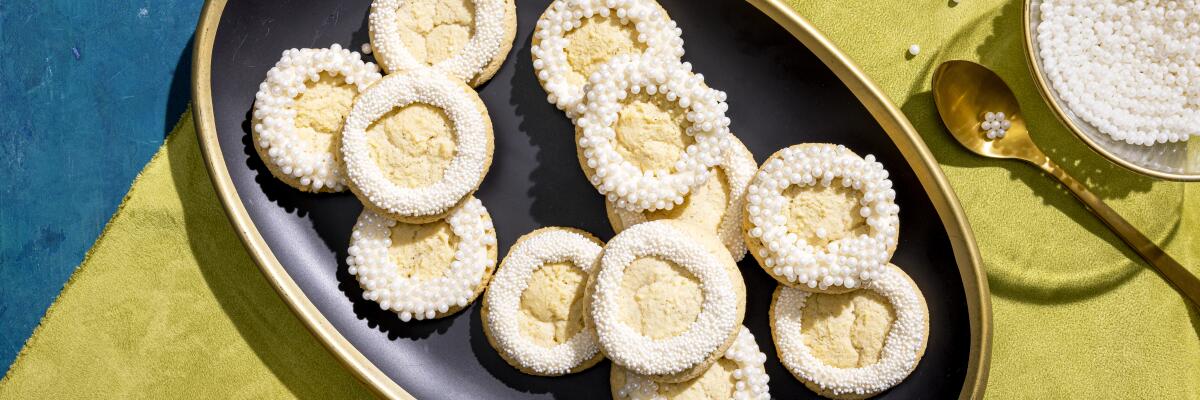 overhead view of Eggnog Dreams holiday cookies on a platter 