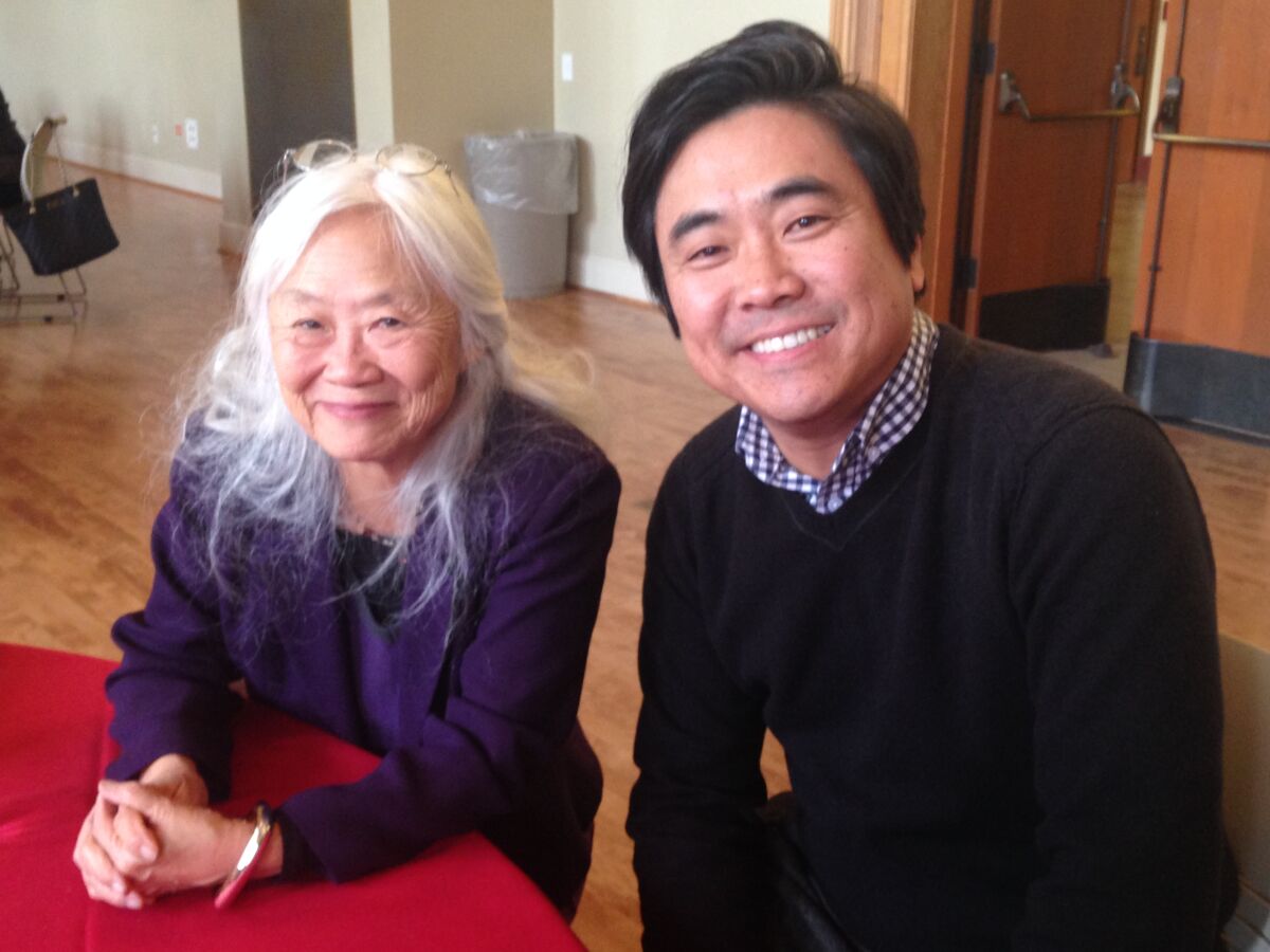 Lee Herrick, right, with author Maxine Hong Kingston.