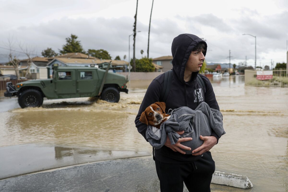 Esteban Sepulveda holds his dog, Milo, as he left his home in Pajaro Valley, Calif., on Sunday.