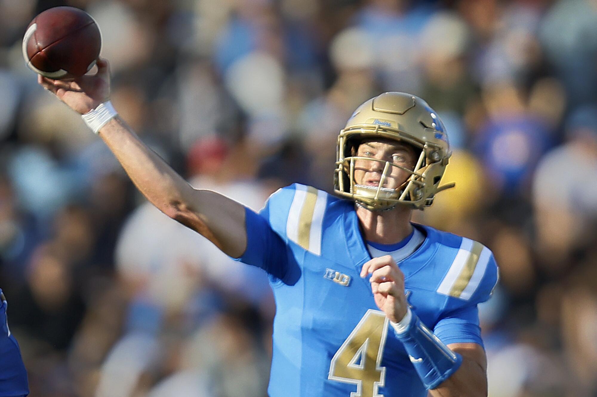 UCLA quarterback Ethan Garbers passes during a loss to Indiana at the Rose Bowl on Sept. 14.