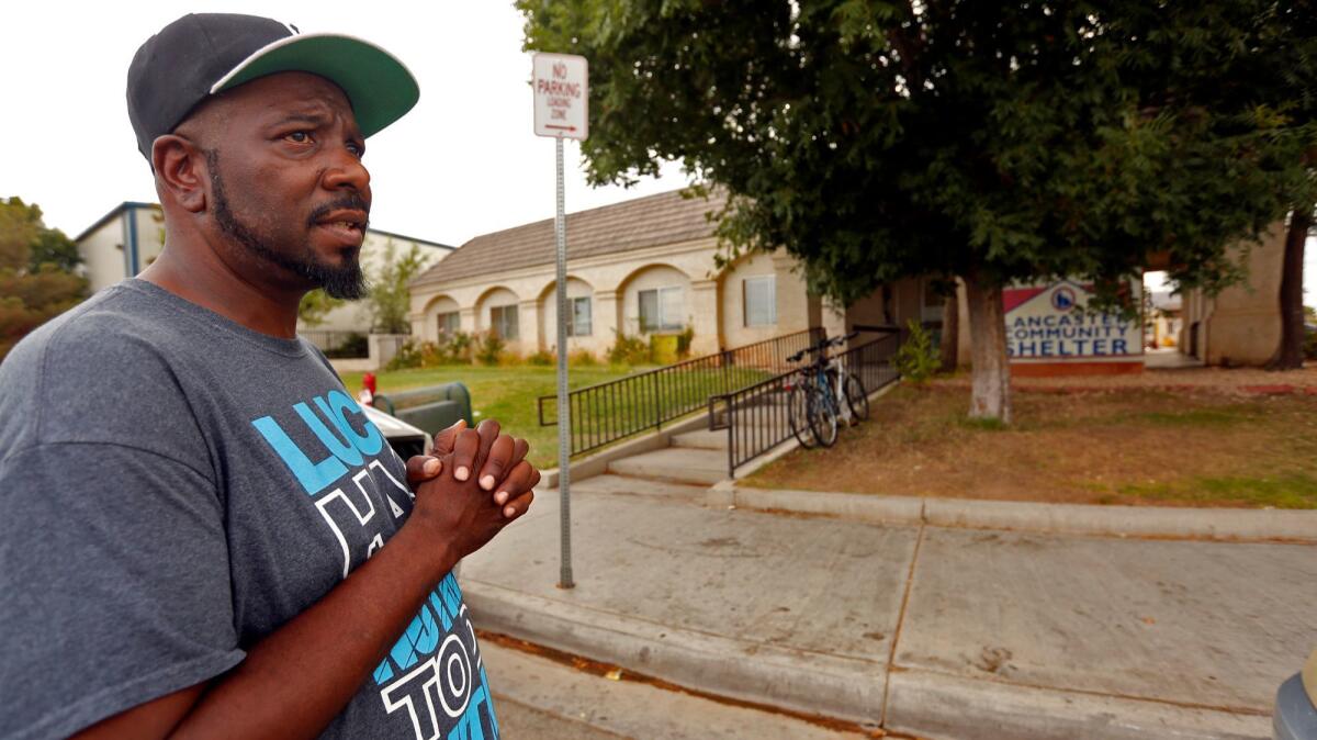 Adam Mandolph, 46, outside the only homeless shelter in the Antelope Valley, the Lancaster Community Shelter, which is set to close Sunday because of financial problems.