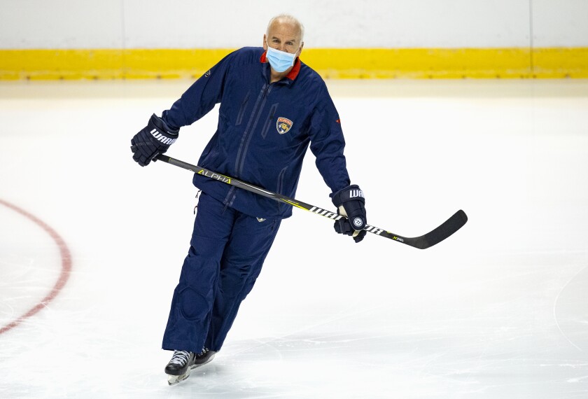 Florida Panthers head coach Joel Quenneville skates during the first practice of training camp in preparation for the 2020-21 NHL season at the BB&T Center on Monday, Jan. 4, 2021 in Sunrise. (David Santiago/Miami Herald via AP)