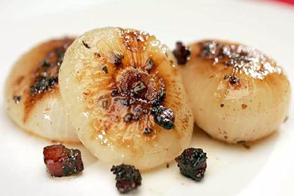 Cipollini are caramelized and sauteed with pancetta.