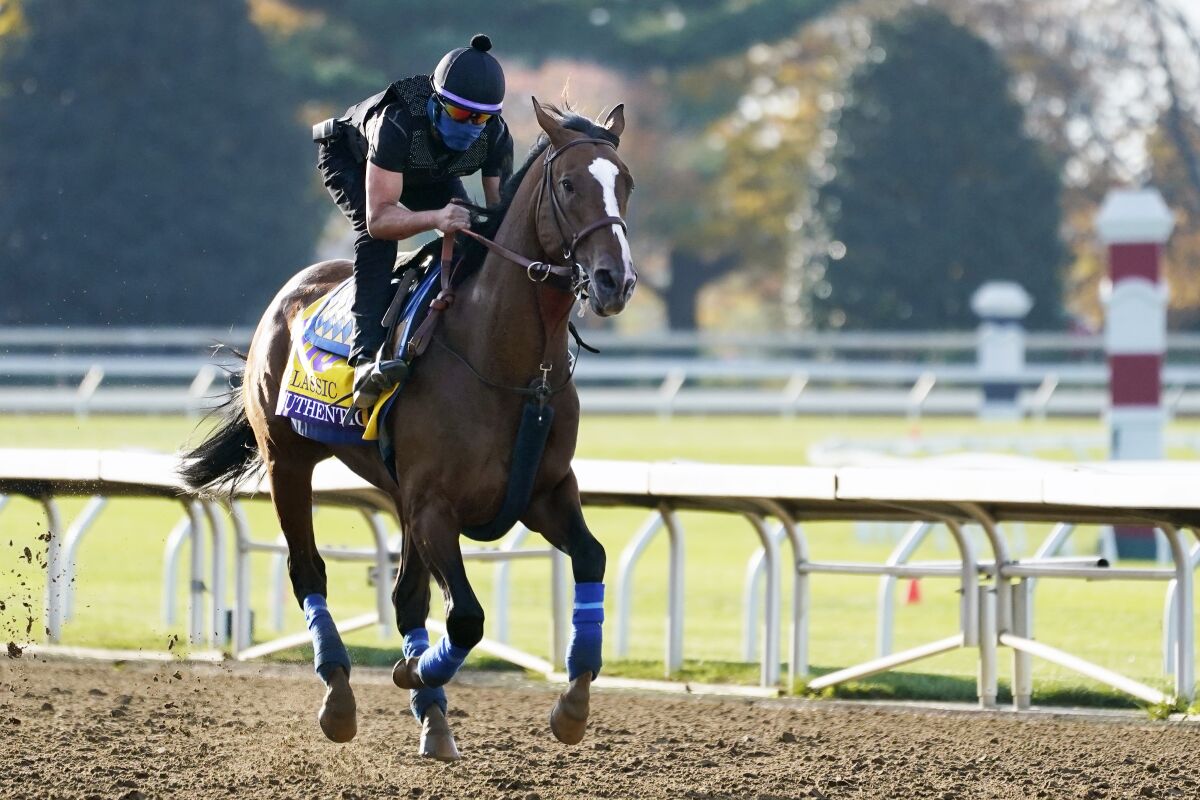 Kentucky Derby winner Authentic is works out Thursday in advance of the Breeders' Cup at Keeneland Race Course.