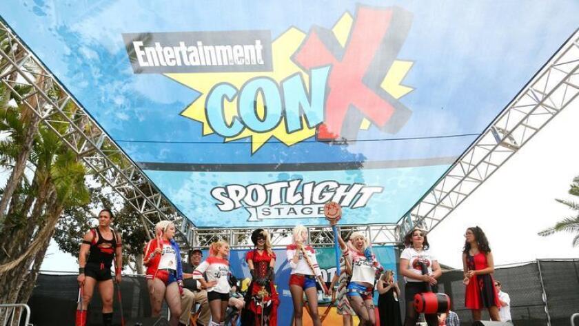 Contestants compete in a Harley Quinn costume contest in Con-X, at Embarcadero Marina Park North during San Diego Comic-Con 2016. #sdcc2016 (Misael Virgen)