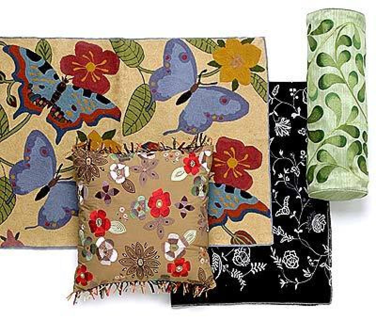 Embroidery becomes embraceable when done with bold colors, graphic flowers and a variety of fabrics and threads. Fully stitched 2- by 3-foot butterfly rug, $58, at Anthropologie. Beaded floral pillow with ribbon fringe, $30, at Pier 1. Traditional crewel in nontraditional black and white upholstery fabric, $84 per yard at Cottonwood Living, Pasadena, (626) 584-1273. Leaf-embroidered hemp neck roll, $59 at www.horchow.com, (877) 944-9888.