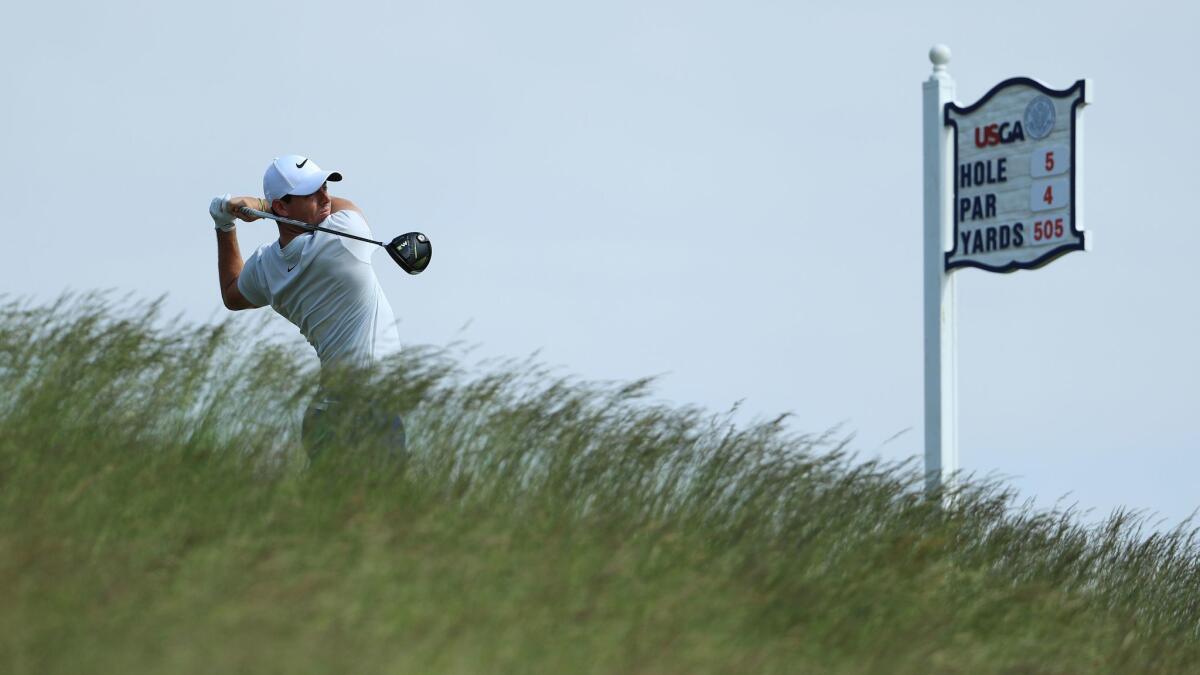 Rory McIlroy plays a shot during a June 12 practice round prior to the U.S. Open at Erin Hills in Hartford, Wis.
