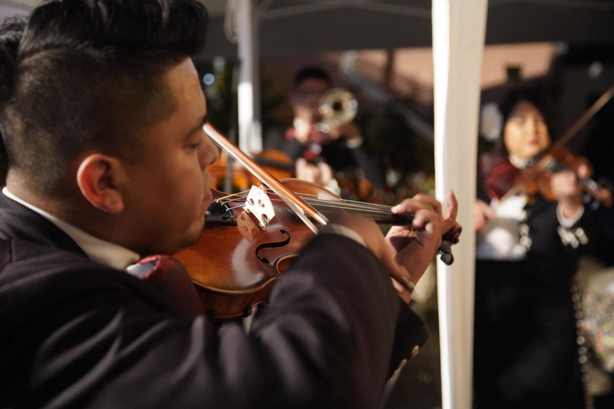 A closeup of a man, eyes closed, playing the violin.