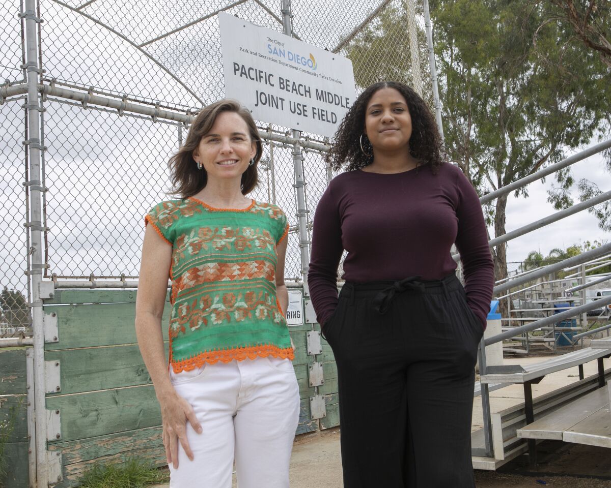 Regina Sinsky-Crosby (left) and Paige Hernandez want to name Pacific Beach park after Fannie and William Payne.