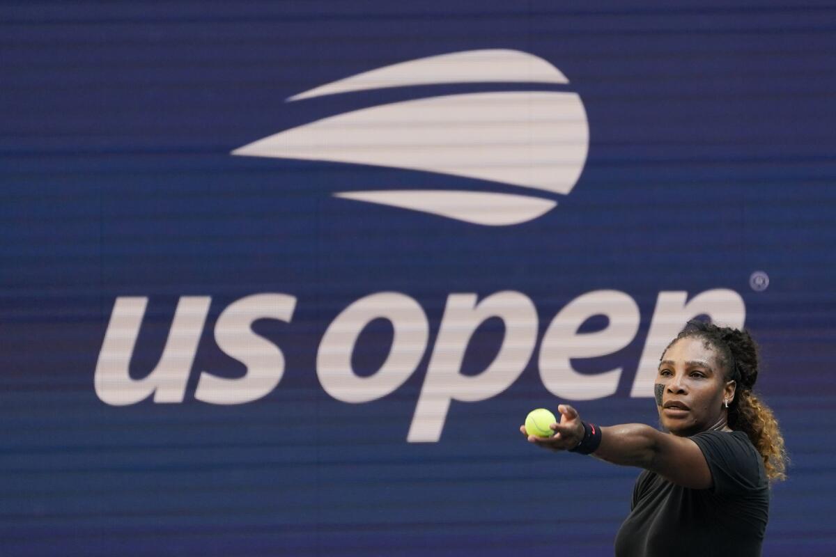 Serena Williams practices at Arthur Ashe Stadium before the start of the U.S. Open tennis tournament.