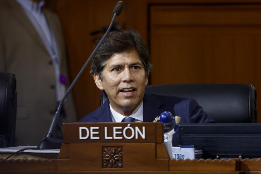 Los Angeles, CA - October 10: Embattled City Council member Kevin De Leon sits in the chambers of City Hall on Tuesday, Oct. 10, 2023, in Los Angeles, CA. (Gina Ferazzi / Los Angeles Times)