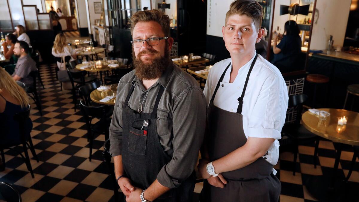 Chef/partner Michael Cimarusti, left, and chef de cuisine Adam Walker at Best Girl, a new restaurant going into the Ace Hotel in Downtown Los Angeles.