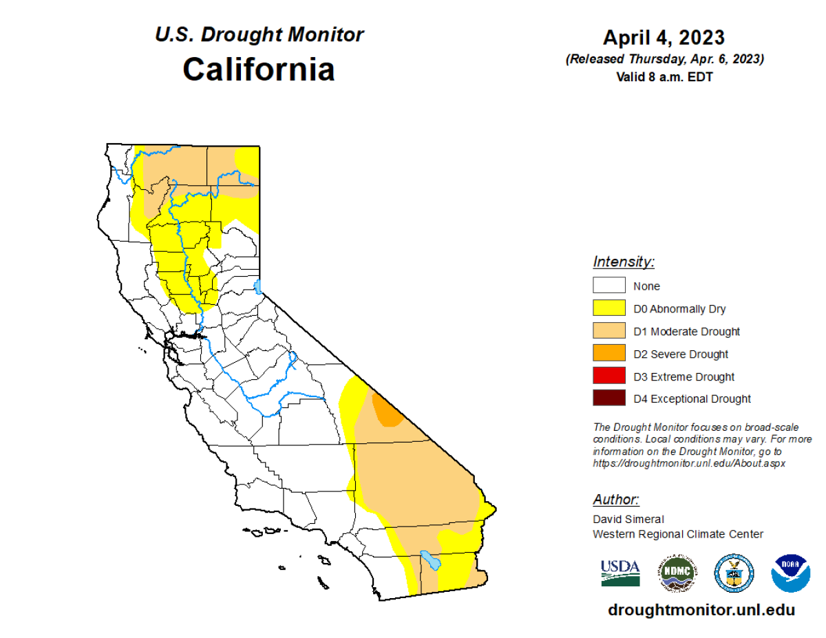 A map of California shows most of the state out of drought conditions.