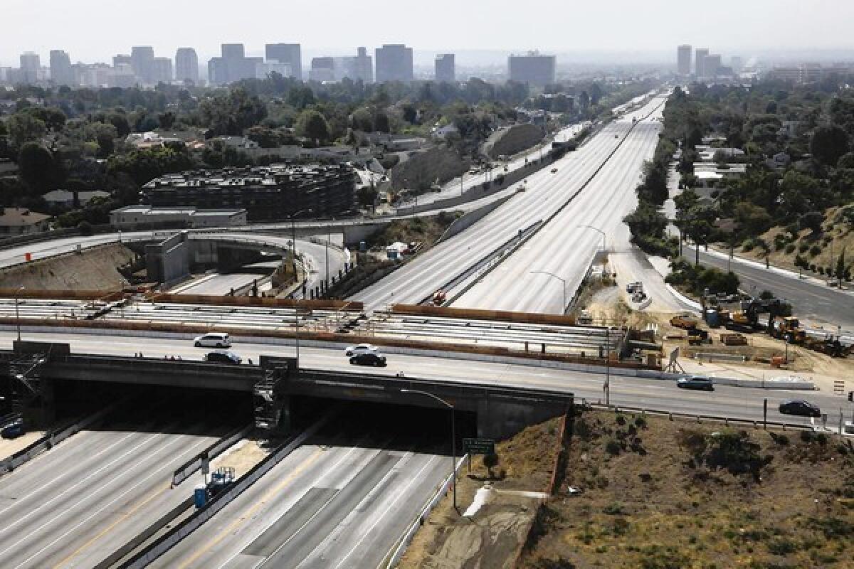 The 405 Freeway at Sunset Boulevard is shown. UCLA researchers say that last year’s Carmageddon closure of the 405 rid Los Angeles of both traffic and another notorious problem: pollution.
