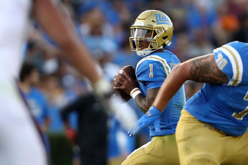 LOS ANGELES, CALIFORNIA - OCTOBER 26: Dorian Thompson-Robinson #1 of the UCLA Bruins looks to pass during the first half of a game against the Arizona State Sun Devils on October 26, 2019 in Los Angeles, California. (Photo by Sean M. Haffey/Getty Images)