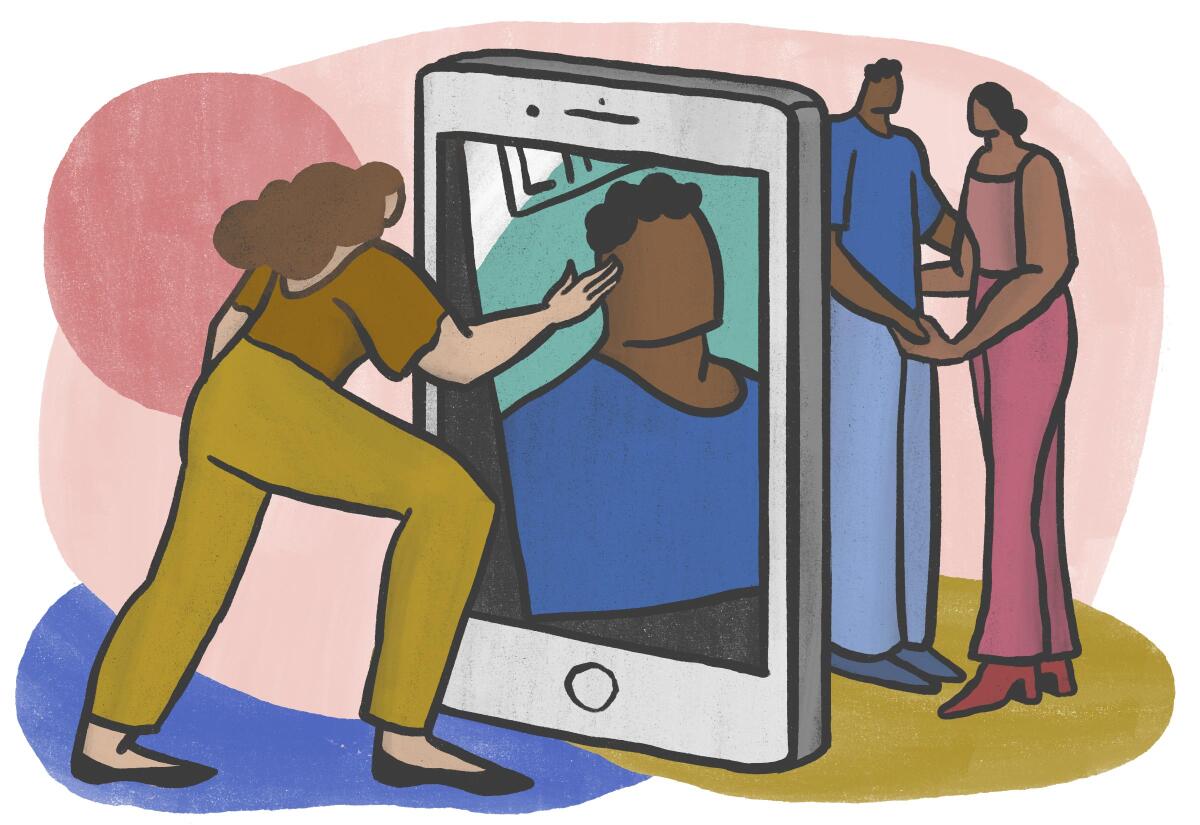 Illustration of the writer swiping at a large tinder screen, with her former boyfriend behind his profile with another woman.