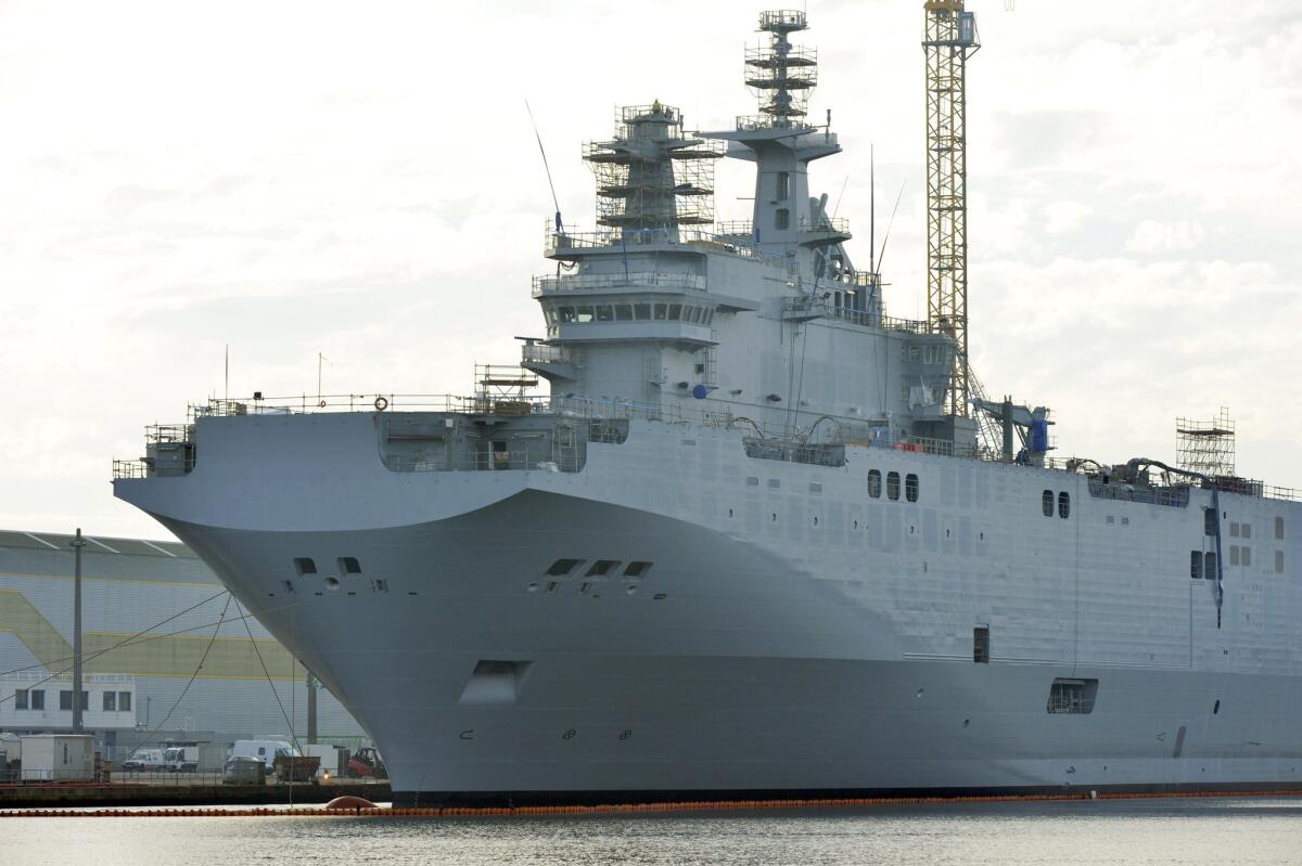 The Mistral-class assault vessel Sevastopol, the second of two warships France is building to sell to Russia, docked last week in the western French port of Saint-Nazaire.