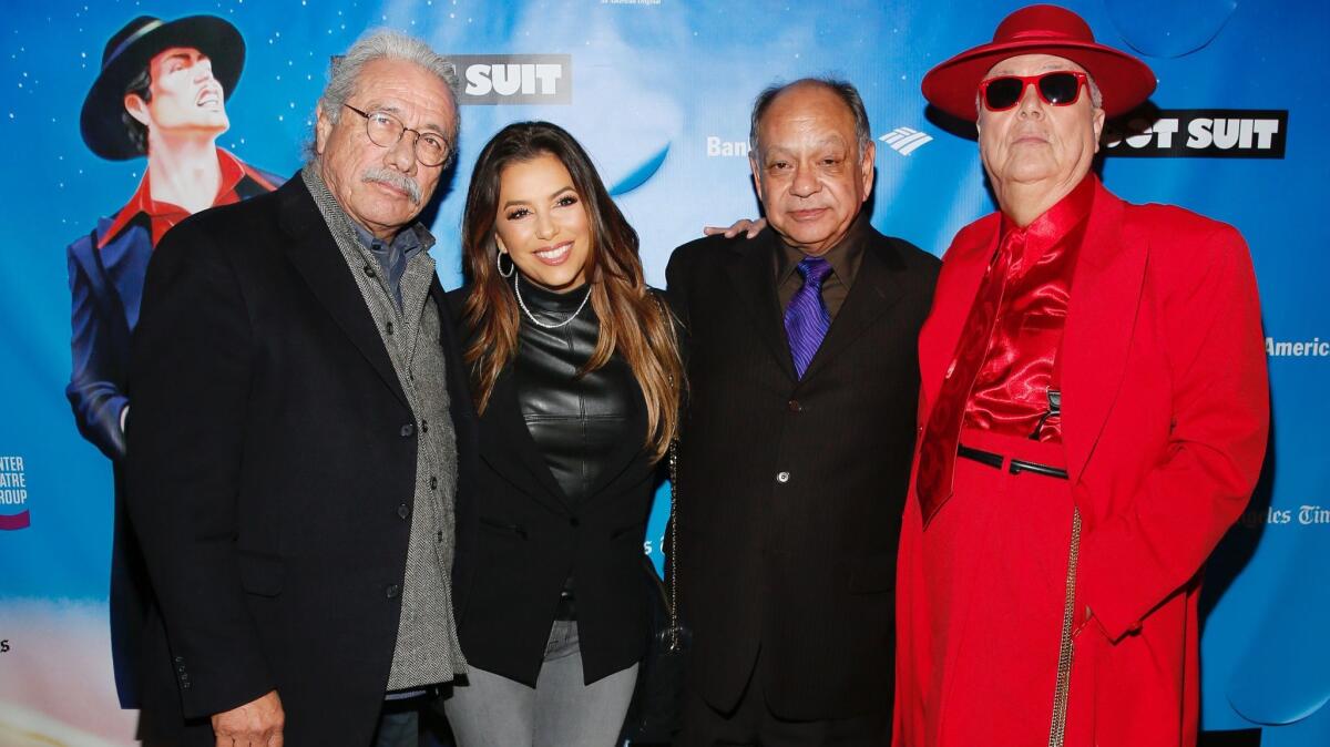 From left, Edward James Olmos, Eva Longoria, Cheech Marin and Daniel Guerrero arrive for the opening-night performance of "Zoot Suit" at the Mark Taper Forum on Feb. 12.