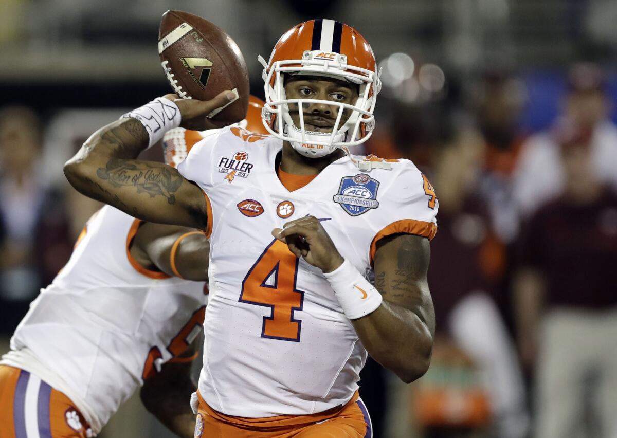 Clemson quarterback Deshaun Watson (4) looks to pass during the first half of the ACC championship game against Virginia Tech on Dec. 3.