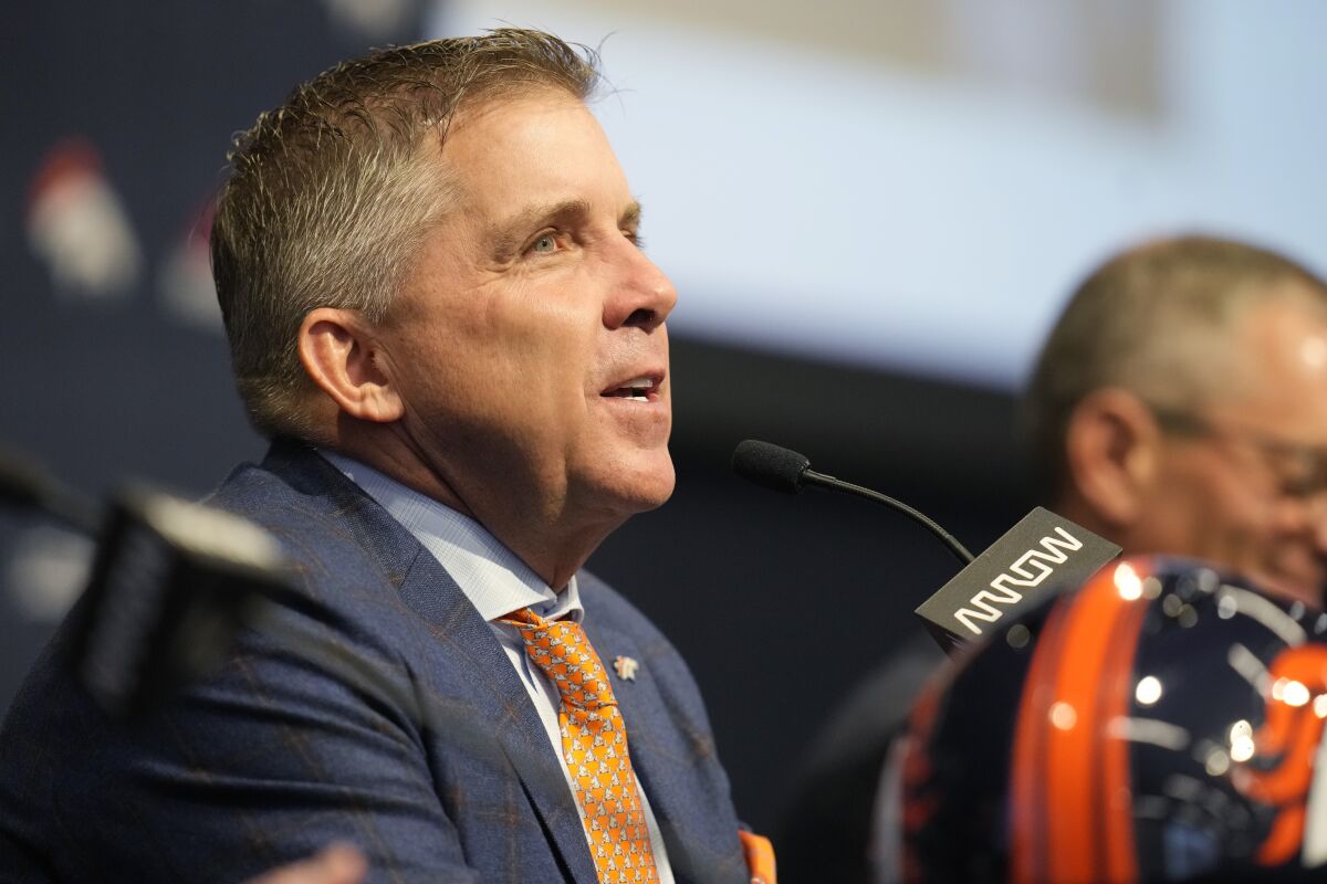 Denver Broncos new head coach Sean Payton is introduced during a news conference at the team's headquarters on Monday, Feb. 6, 2023, in Centennial, Colo. (AP Photo/David Zalubowski)