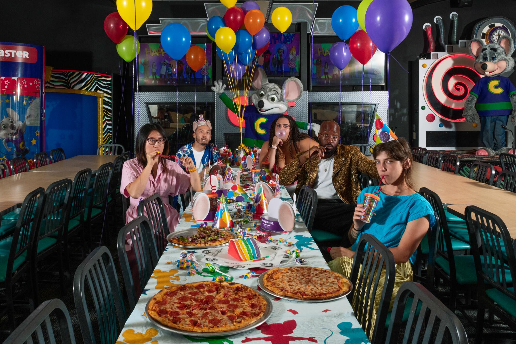 Holly Giang, Ryan Kageyama, Anabel Iñigo, Dave Harris and Nat Agoos at Chuck E. Cheese.