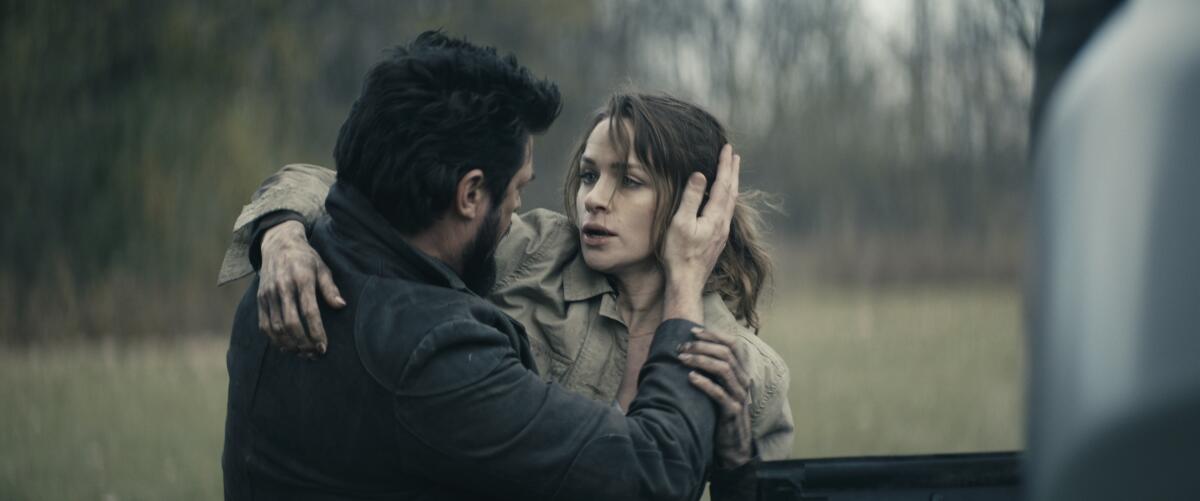 Butcher (Karl Urban) wrestles with Becca’s (Shantel VanSanten) final request: to protect her son Ryan from Homelander.