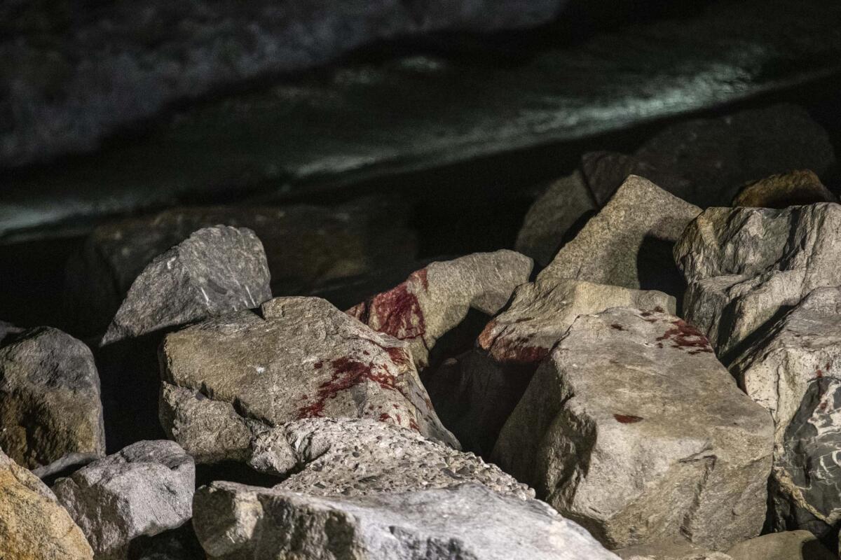Blood stains rocks on a shoreline at night