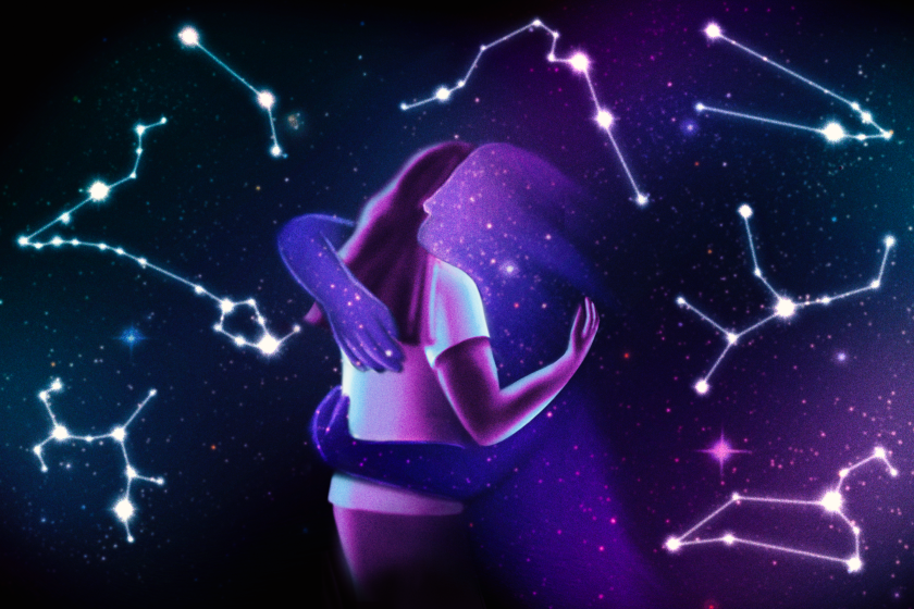A woman hugging a person made of stars, surrounded by the night sky and constellations. 