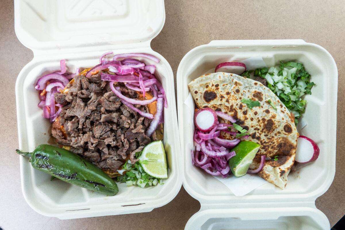 HAYWARD, CA - MAY 17: Chorreada, left, and taco yaqui with garnishes at Tacos Mama Cuca at 22196 Mission Blvd. in Hayward, CA on Saturday, May 17, 2025. (Myung J. Chun / Los Angeles Times).