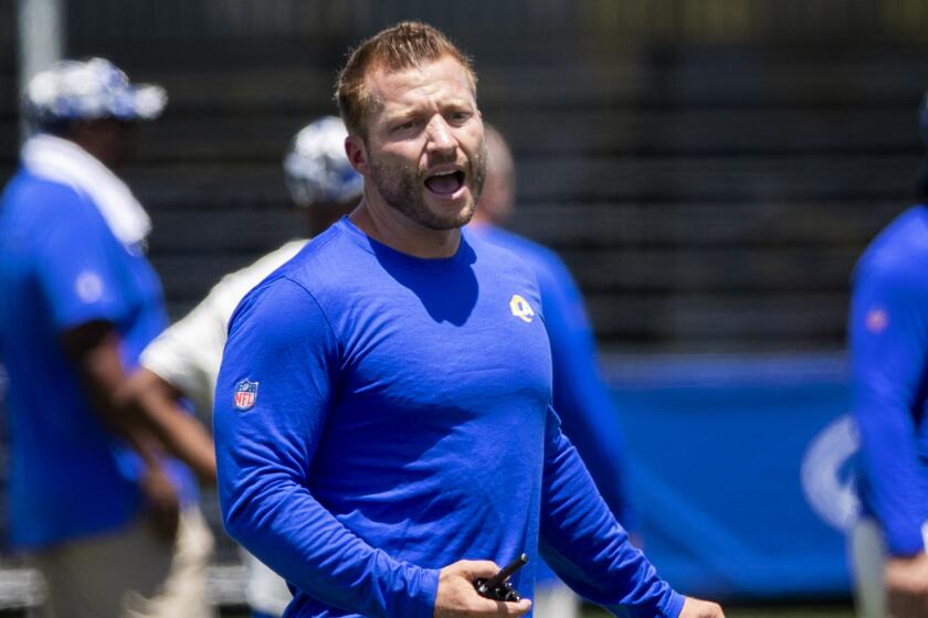 IRVNE, CA - JULY 24, 2022: Rams coach Sean McVay calls out plays.