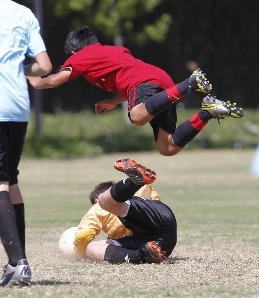Wilson's Miguel Pena, in red, gets tripped up as he takes a shot on Newport Heights goalie Ethan Barnes during the boys' 5-6 gold division championship game in the Pilot Cup Sunday.