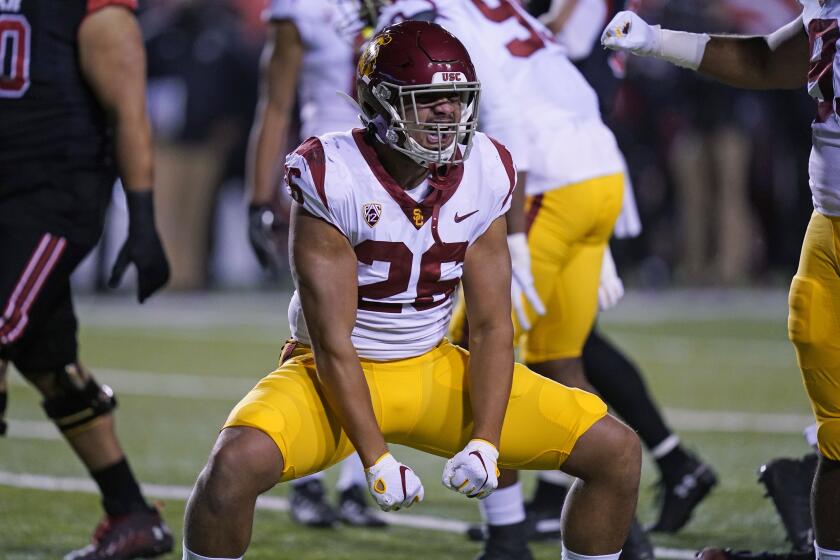 USC linebacker Kana'i Mauga reacts after making a tackle during the first half Nov. 21, 2020, in Salt Lake City.